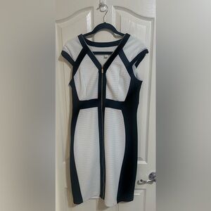 Women’s Vintage CACHE Black White Bodycon Zip Y2K Midi Party Colorblock Dress 12